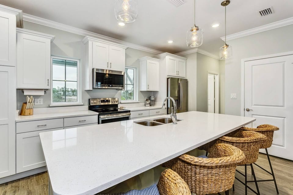 The kitchen has plenty of storage and counter space