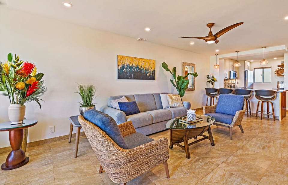 Relax with the group in the living room amongst the tasteful and lively space.