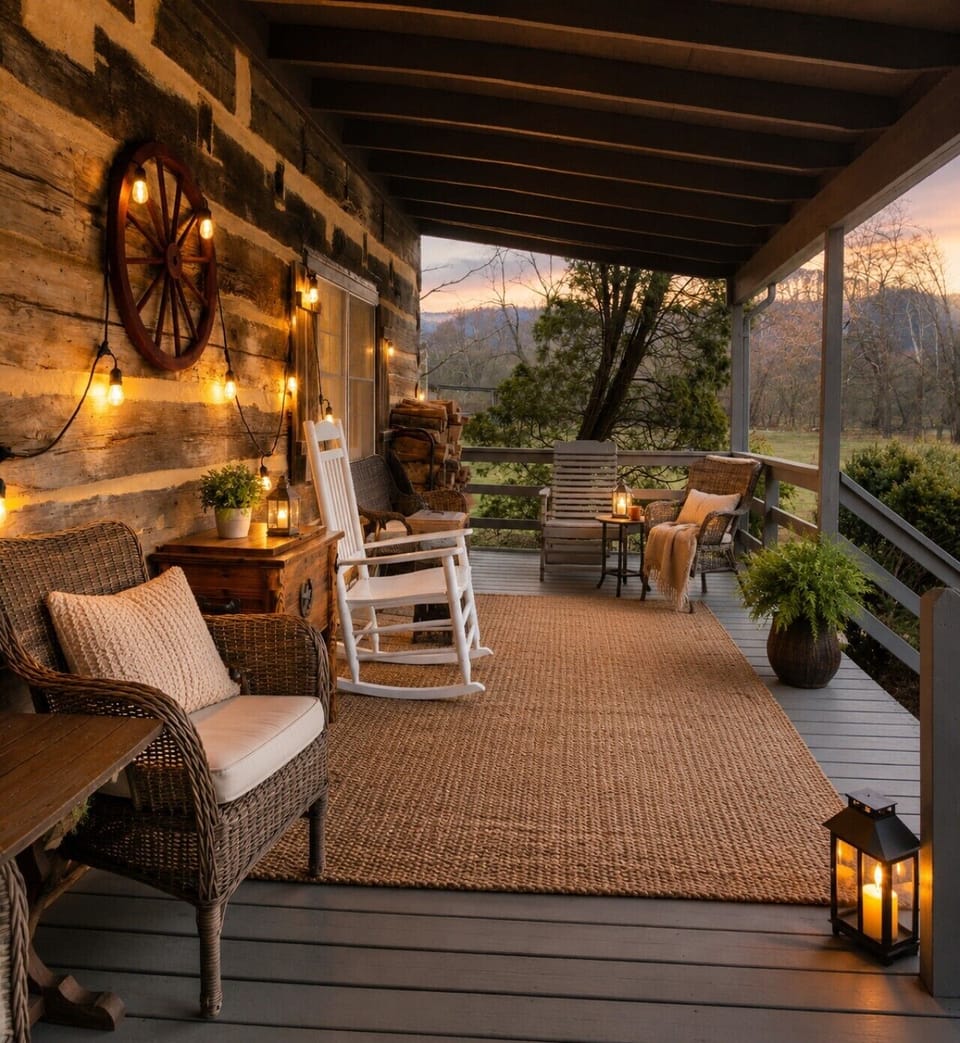 Cozy front porch with river and mountain views (winter)