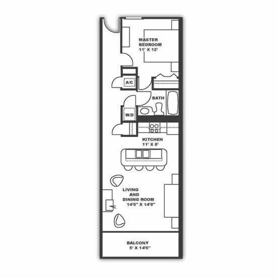 Example Floor Plan.  Please see our photos and descriptions for actual furnishings and placement.