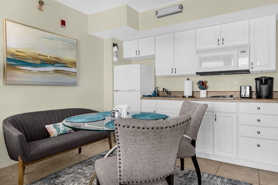 Fully stocked kitchen with coffee, creamer, sugar, and tea provided!