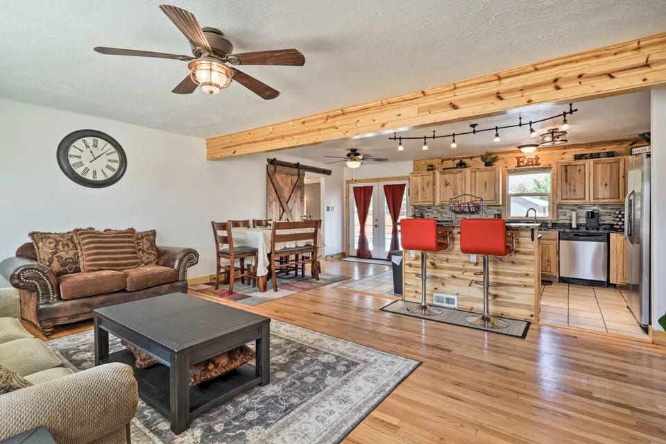 Open layout connects the living room to dining area and kitchen