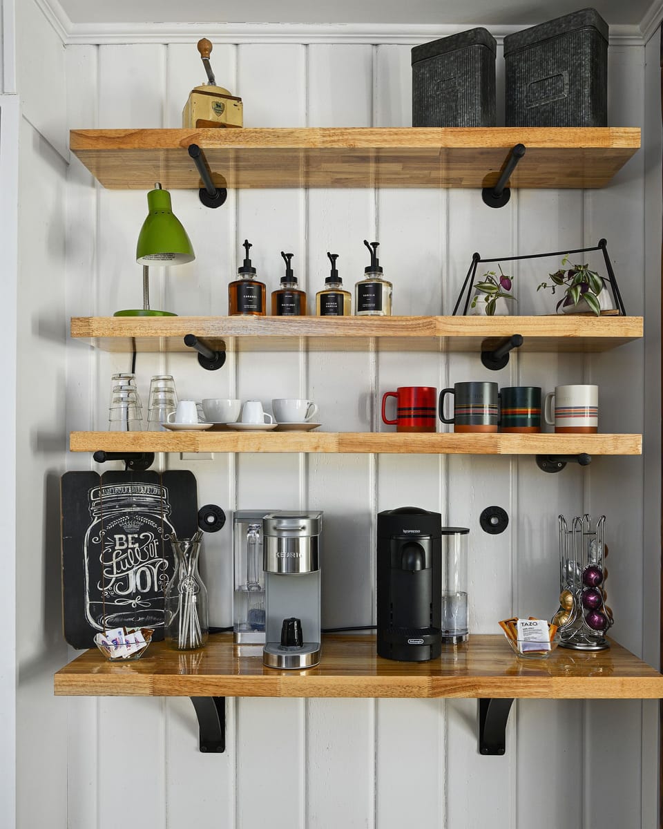 Coffee bar with Espresso, Kuerig, and Latte fixin's