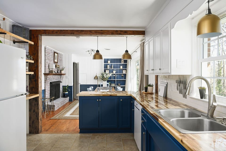 Sunshine fills the kitchen and den in the mornings.