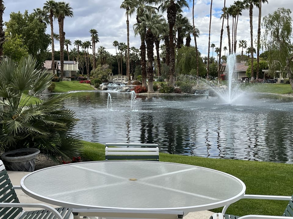 View from back deck table towards lake and fountains