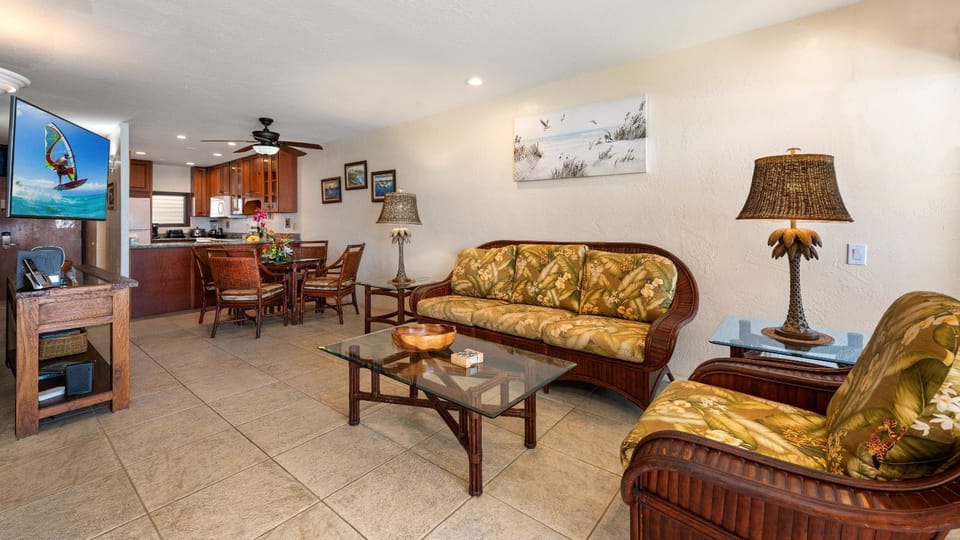 Common living space has a kitchen, dining area, living room,