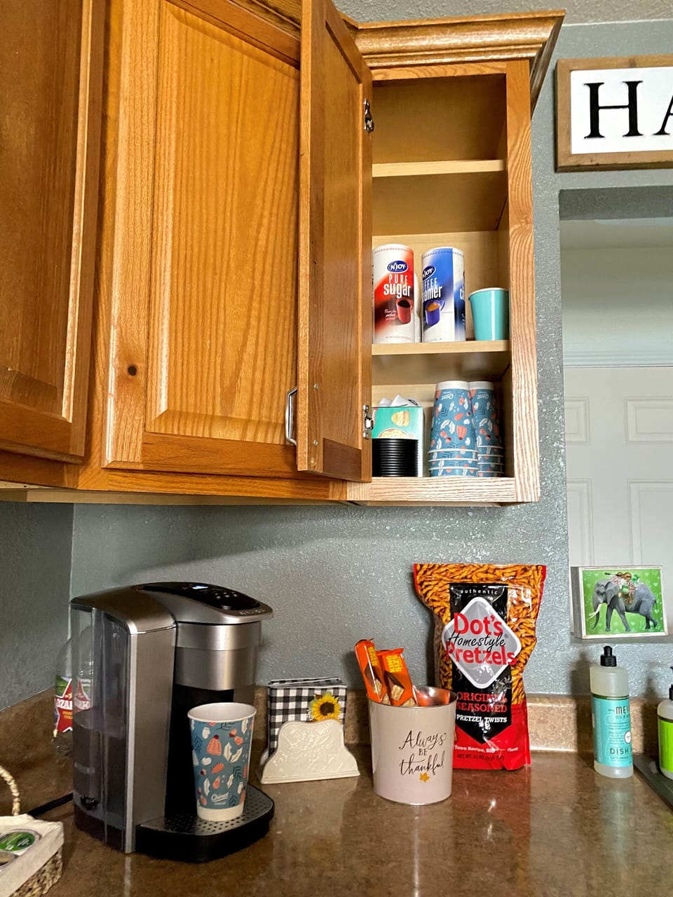 Keurig with coffee supplies
