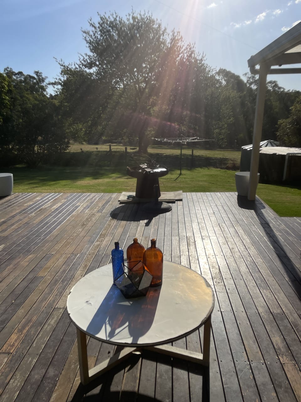 Back deck with glorious views over paddocks and ancient oak tree.