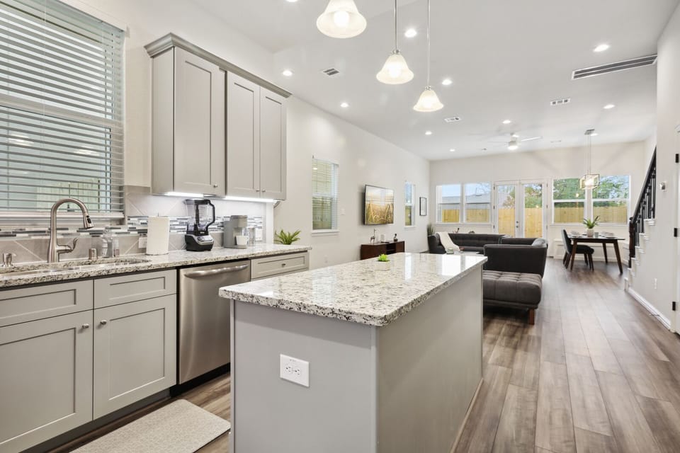 Island kitchen with living room view