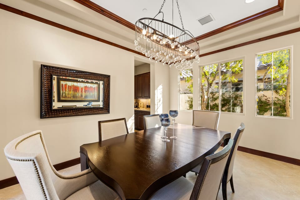 Beautiful accent lighting above dining table will help set the mood.