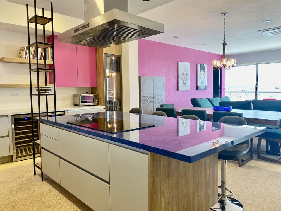 Kitchen island with 5 burner induction stove and a beautiful view of the ocean.