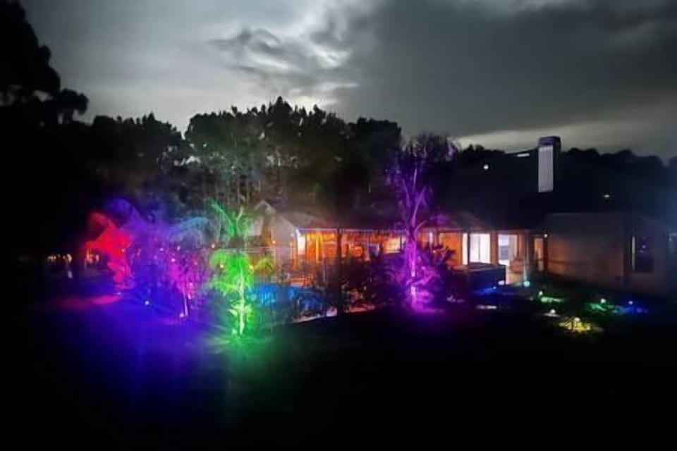 View from the back yard ! Lights rotate in beautiful Led colors!