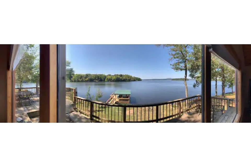The deck sits lower to not obstruct the view from the living room.