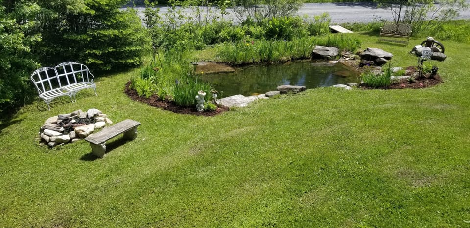 Small pond and fire pit in front yard
