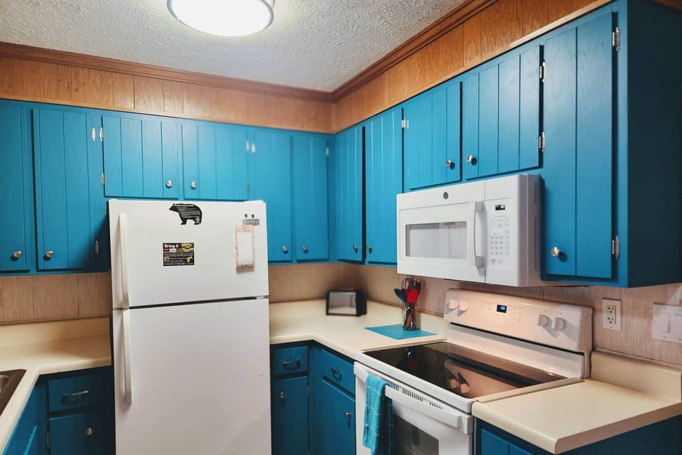 The bright and cheery kitchen offers all the essentials to cook meals