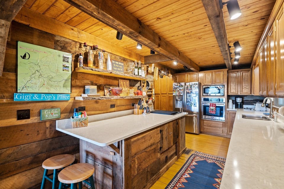 Large counter top/work area in kitchen.