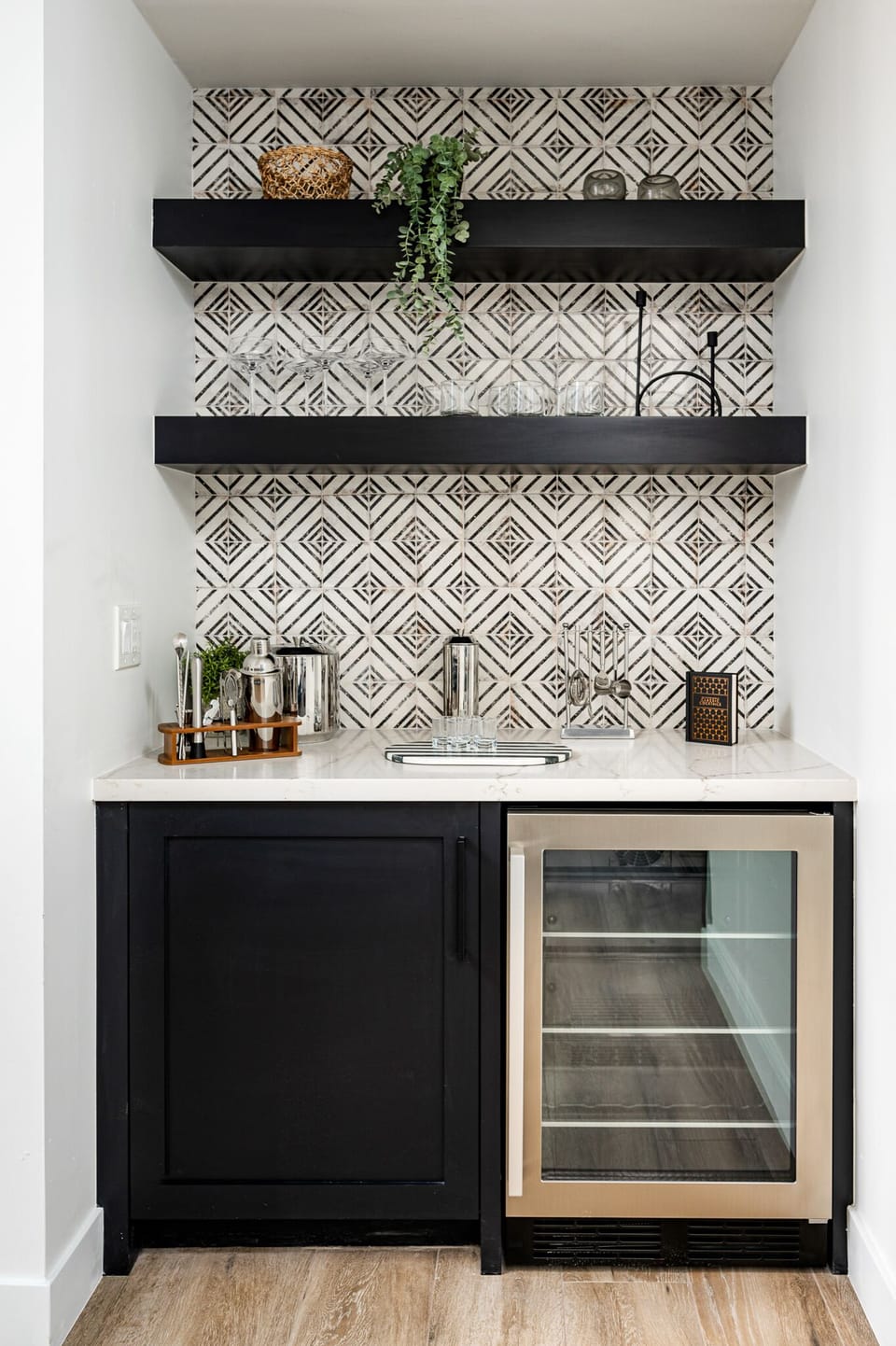 Wet bar with wine fridge.