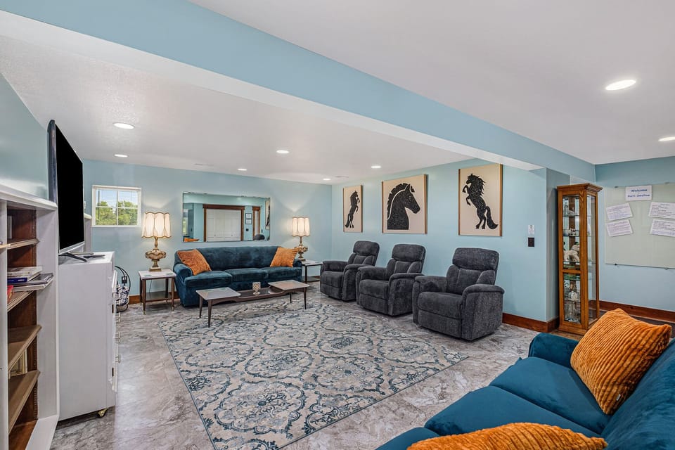 SPACIOUS LIVING ROOM, WITH PLENTY OF BOOKS AND MOVIES
