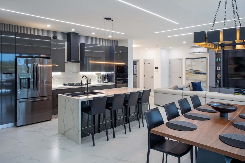 Main kitchen, dining area, and living room