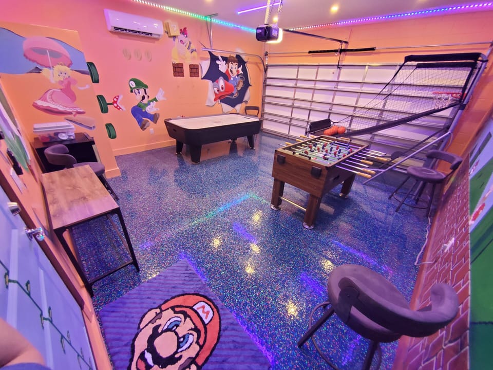 Super Mario Game Room with Beverage Fridge and Dedicated Air Conditioner