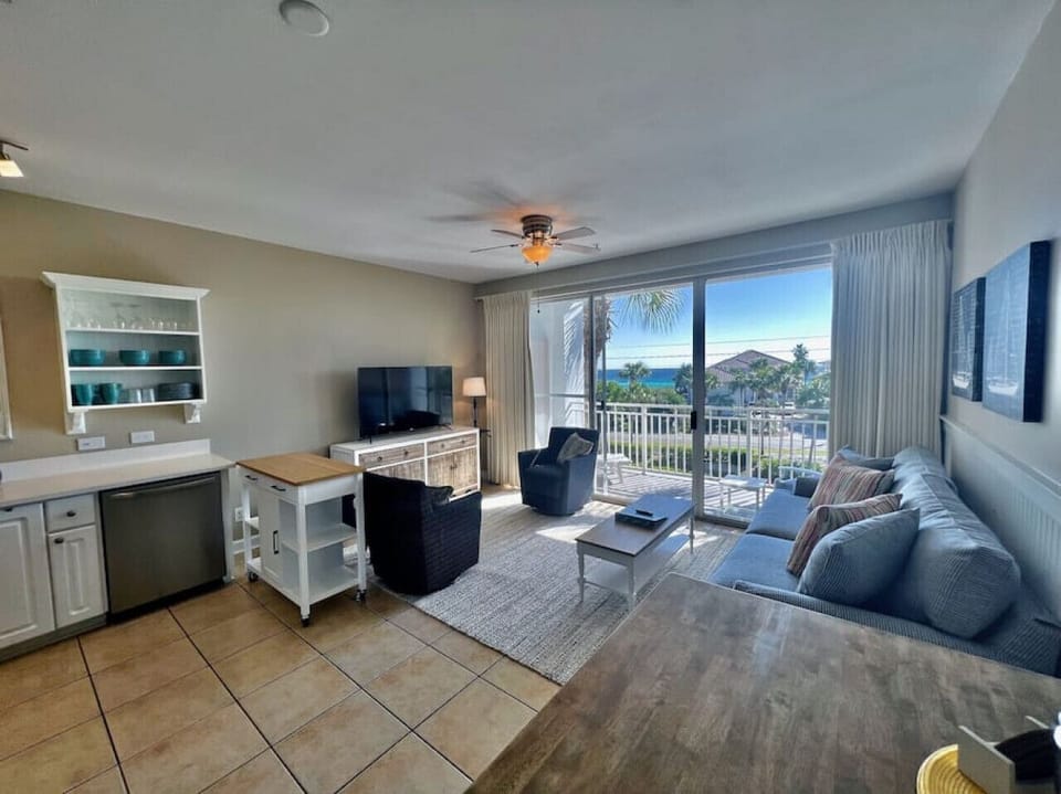 Patio, living room and kitchen