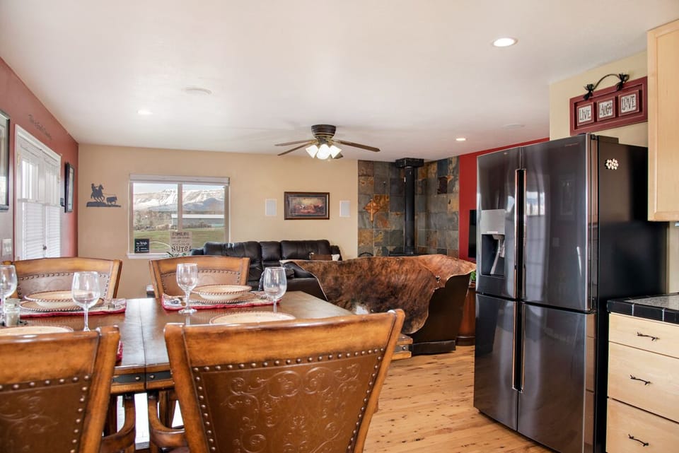 Kitchen and dining area looking into living room