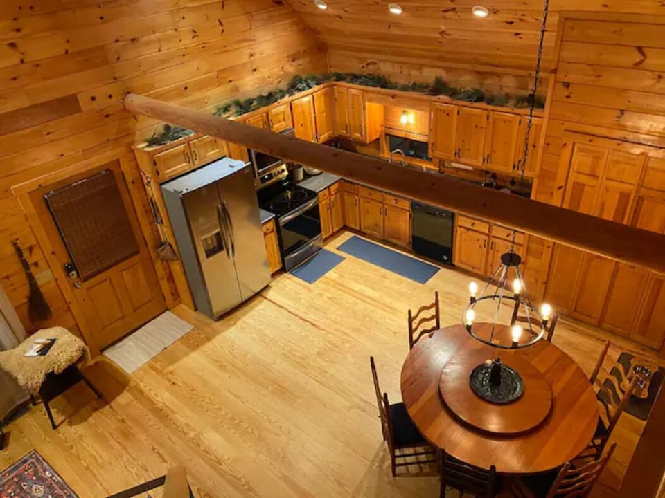 View of kitchen from upstairs loft.