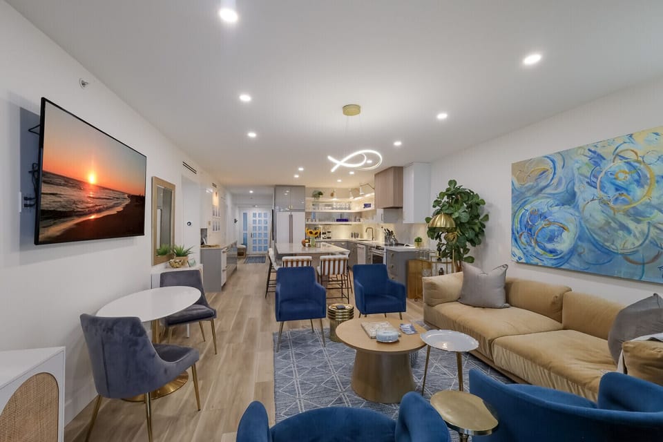 full interior view of living room and kitchen