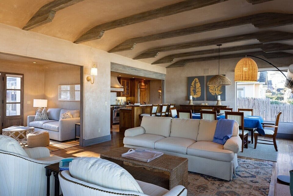 Open living room, den, and dining room