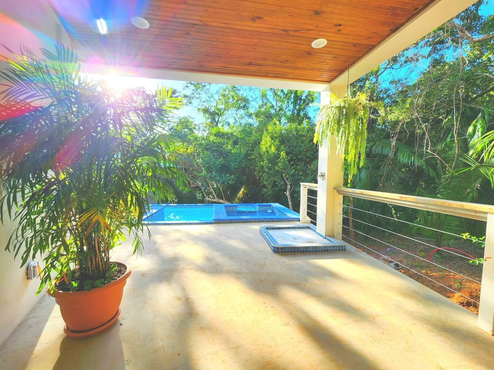 View of pool, hottub, and outdoor shower from porch and front door
