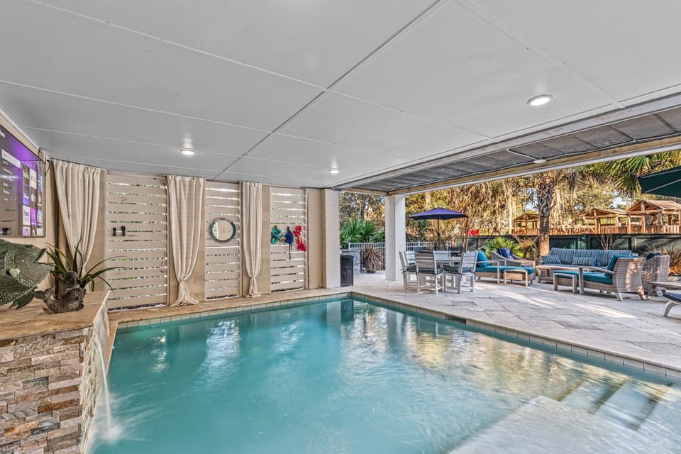 Private Enlarged Heated Saltwater Pool with Pool Shelf and Waterfall!