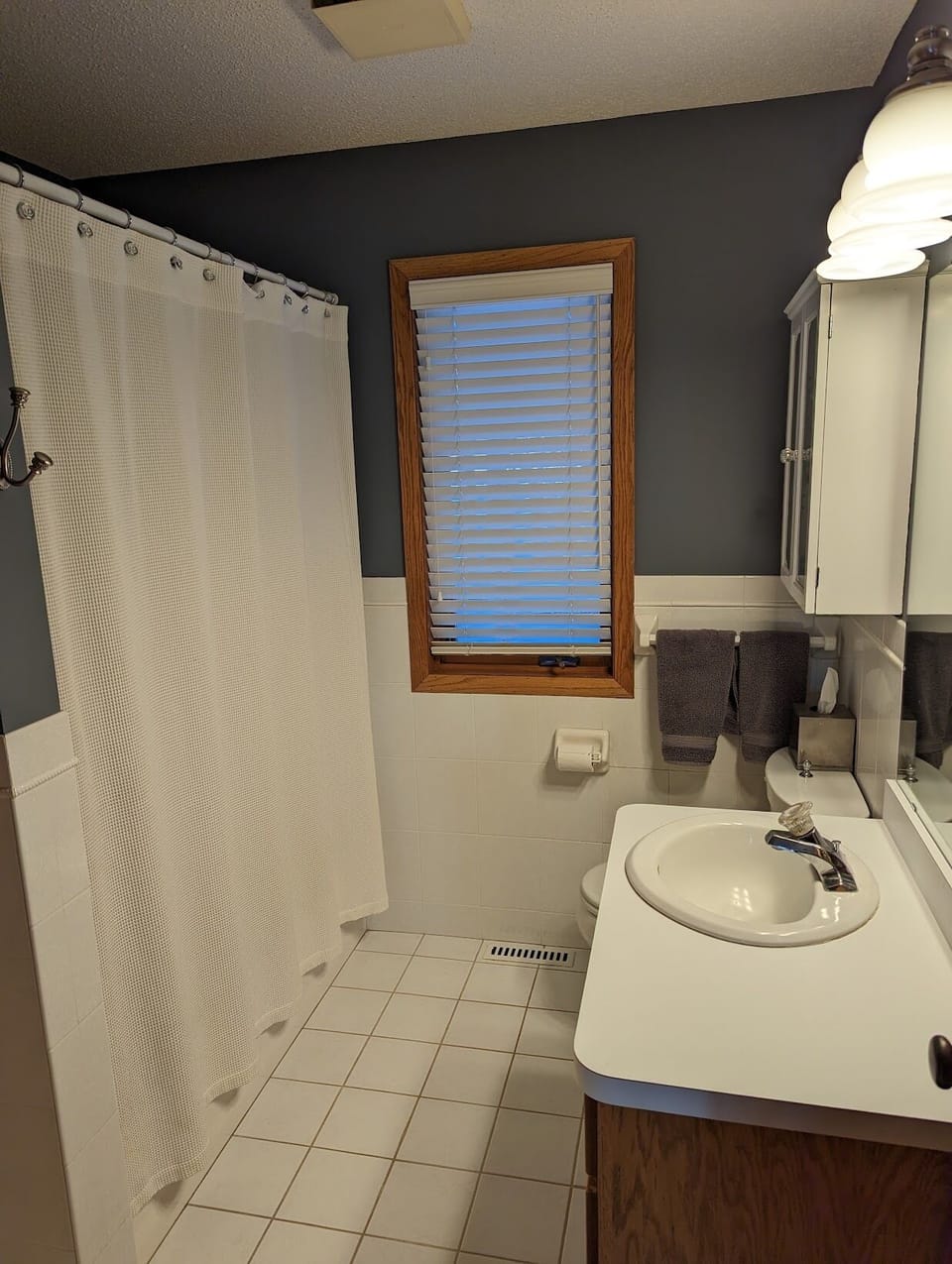 Main level shared bathroom with shower and tub.