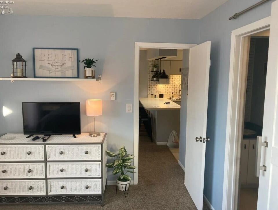 Master bedroom with streaming roku tv, walk in closet and ensuite