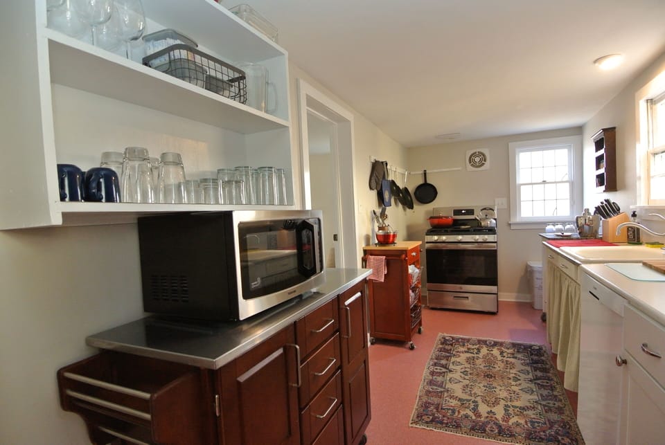 Gas range, refrigerator, microwave, dishwasher, ice machine, coffee and toaster.