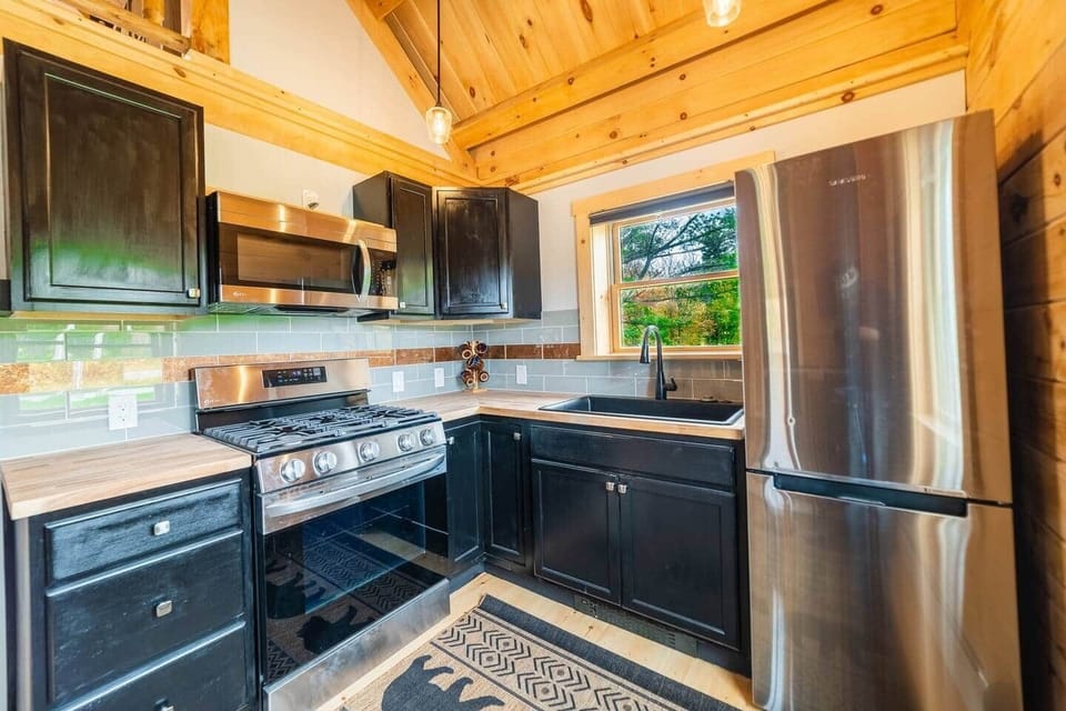 All new SS appliances in the kitchen.  Equipped with coffee, tea, hot chocolate and a full size refrigerator.  This log home is the perfect base for your vacation in the Berkshires!