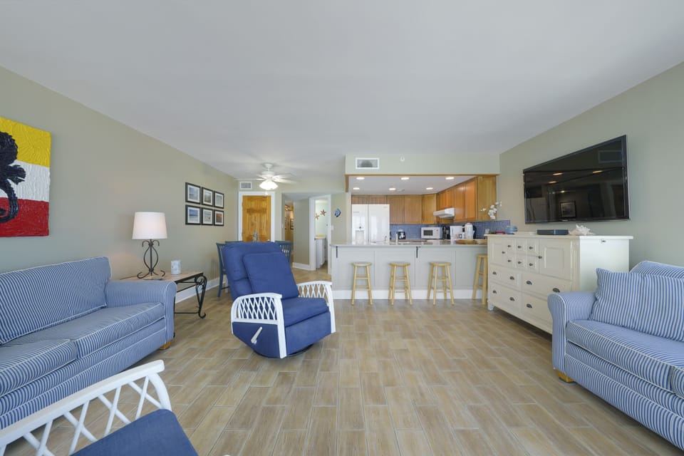 This bright Destin vacation rental features an open kitchen and living space designed for relaxing coastal stays.