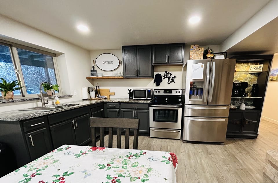 Full kitchen with everything you need to cook up and serve a delicious dinner.