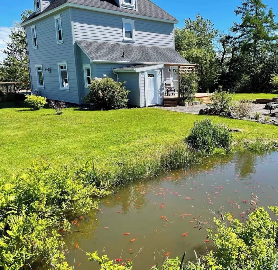 Rear of the house looking over the gold fish pond, large rear terrace and deck 