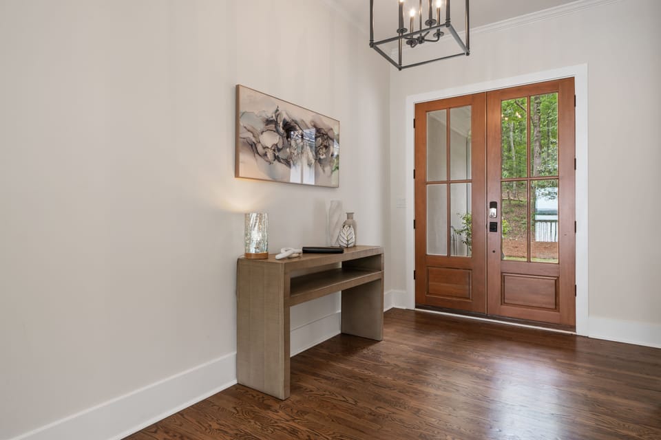 The entrance of the house is designed to be warm and welcoming.