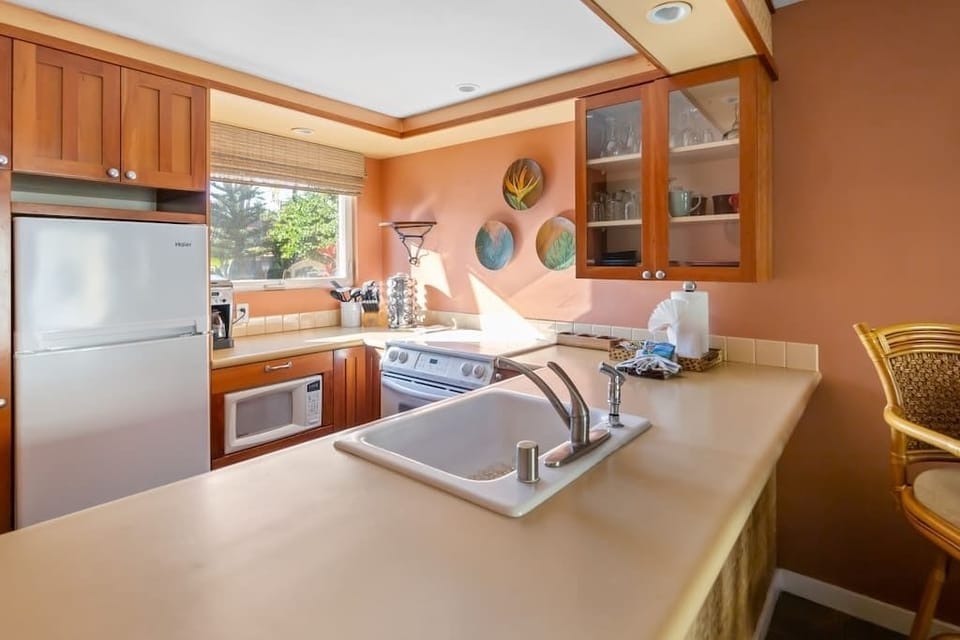 Full kitchen with refrigerator, freezer, stove/oven, microwave