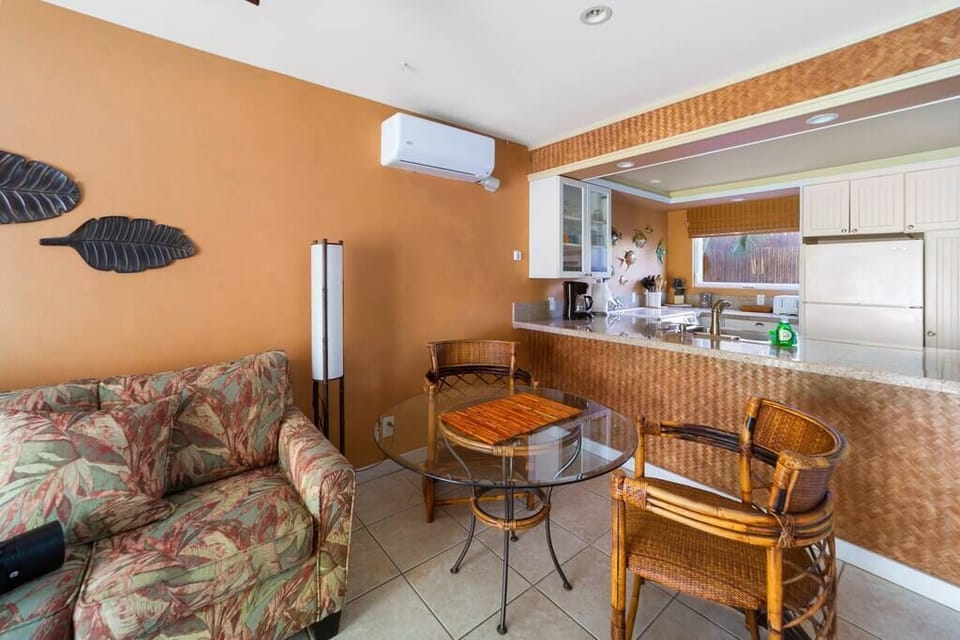 Split AC between the kitchen and livingroom. Dining table, open floor plan.