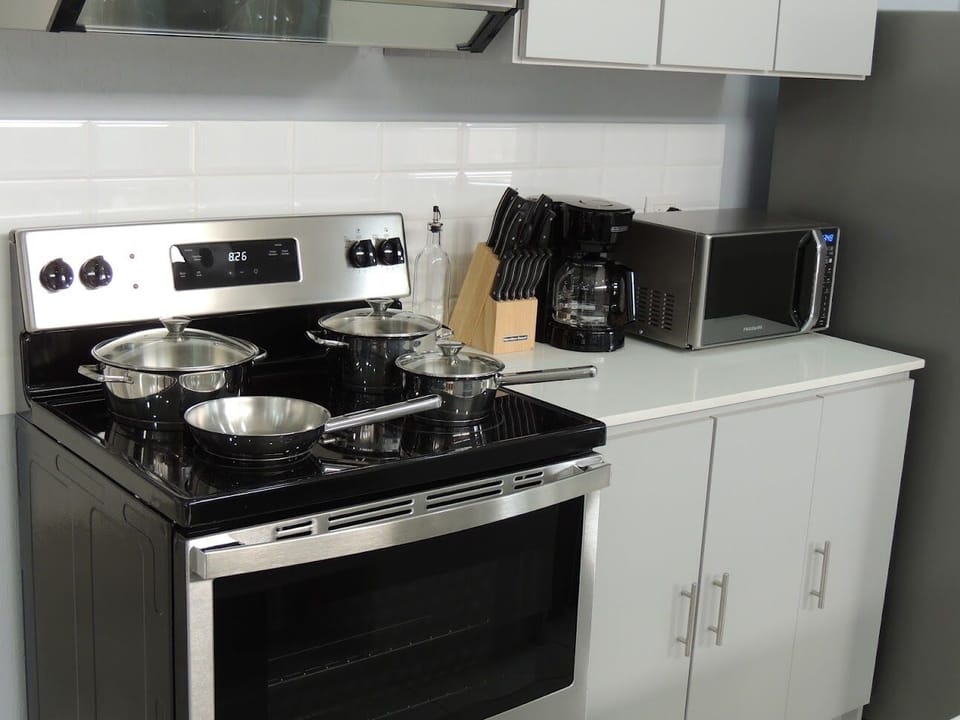 Our kitchen has all the essentials necessary to cook and serve a full meal. 
