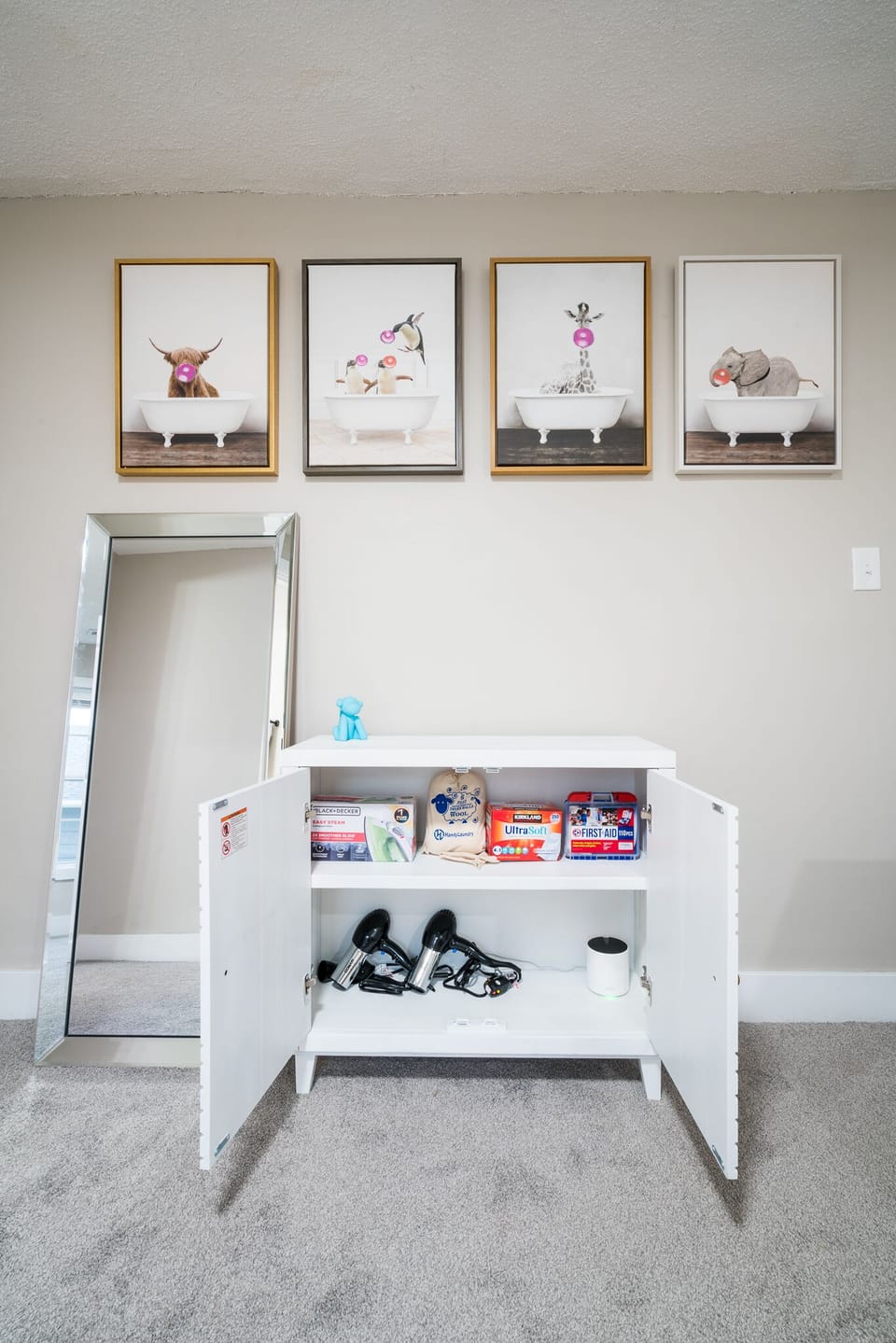 We provide an iron, dryer balls, dryer sheets, hair dryers, and a first aid kit.