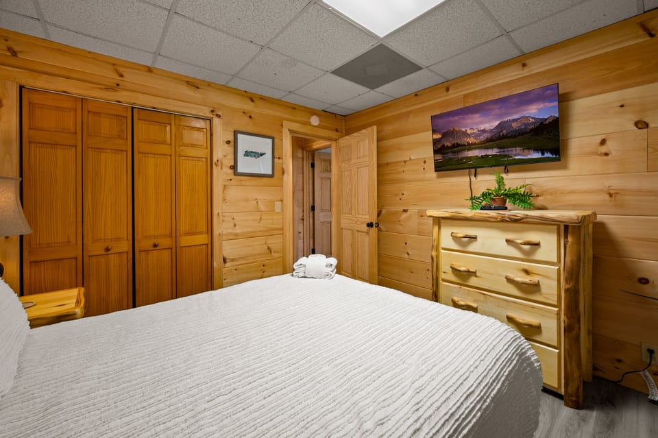 Lower level queen bed with TV