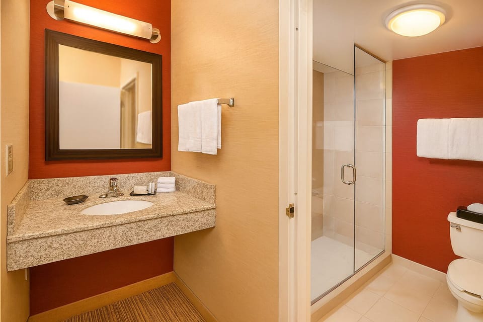 Refresh in the spotless bath with bright vanity lighting.