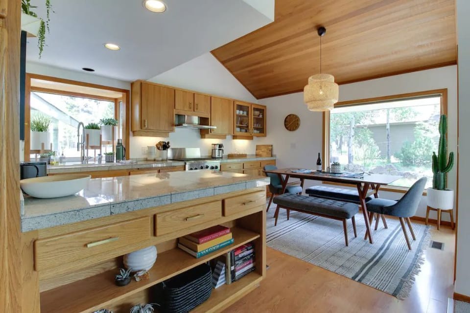 A large kitchen island provides plenty of counter space for making gourmet meals