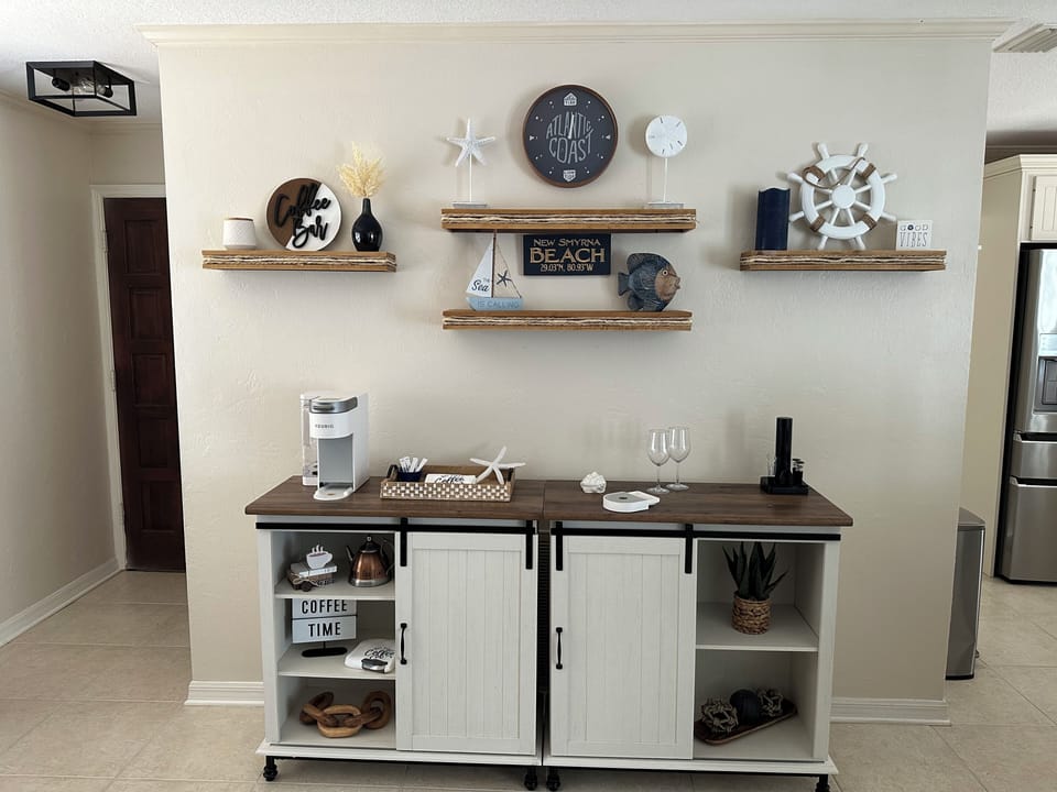 Fully stocked coffee bar and wine bar 