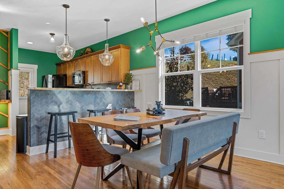 custom-built dining table with live edge wood comfortably sits 6 