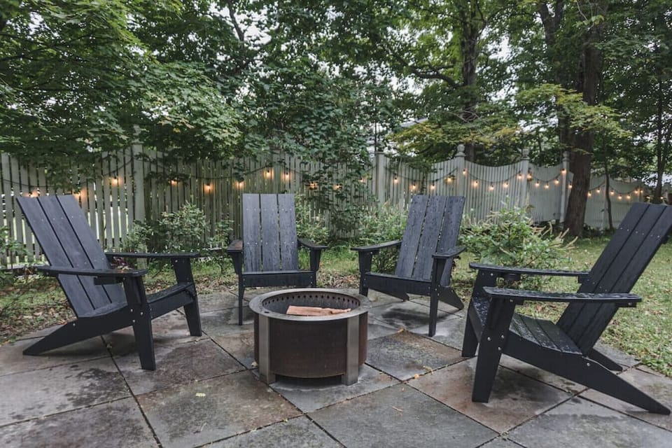 Outdoor fire pit with evening lighting