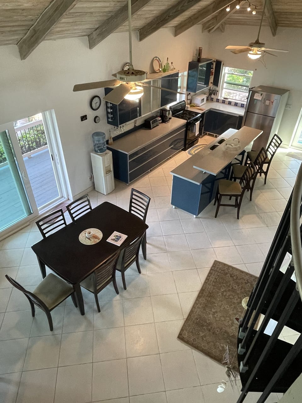 Kitchen and dining areas from above.